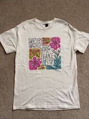 Gildan White Tee with Pink, Yellow & Teal Floral Cross Graphic